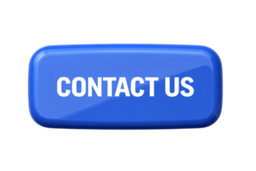 Blue glossy rectangular button with white text contact us isolated on transparent background