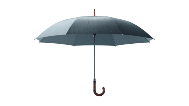 Open gray umbrella with a wooden handle isolated on transparent background