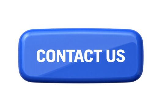 Blue glossy rectangular button with white text contact us isolated on transparent background