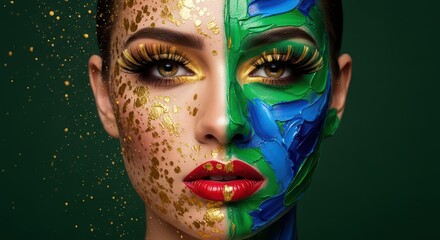Creative Face Art with Half of Face Painted as Earth, Colorful Face Painting Concept, Model with Green and Blue Earth Design, Artistic Makeup and Beauty Photography