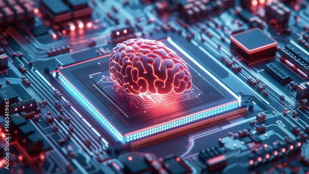 Poster neural network visualization displaying glowing human brain sitting on electronic microchip, symboli