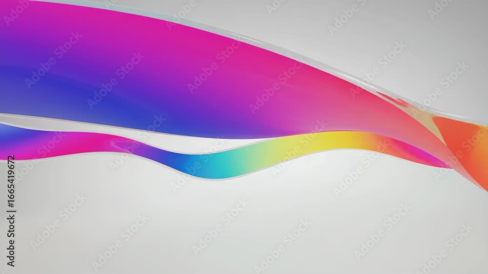 Poster flowing smoothly, a vibrant rainbow-colored wave dances across a white background, creating an abstr