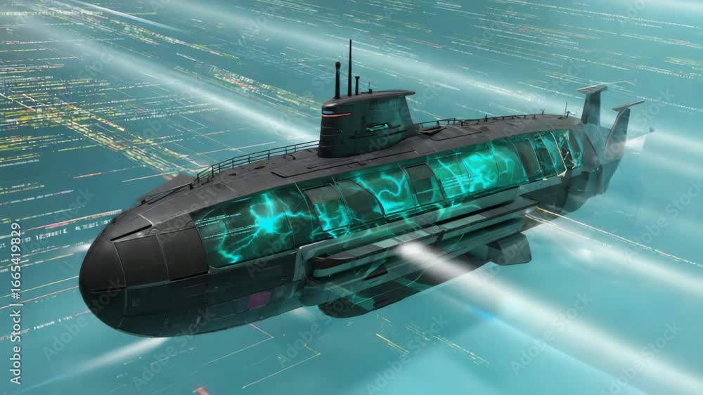 Aufkleber futuristic submarine navigating a digital ocean, illuminated by glowing lights and surrounded by dat