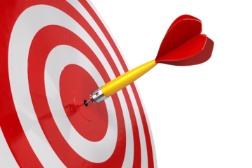 Red and white dartboard with a yellow dart hitting the bullseye isolated on transparent background