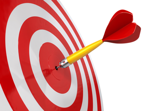 Red and white dartboard with a yellow dart hitting the bullseye isolated on transparent background