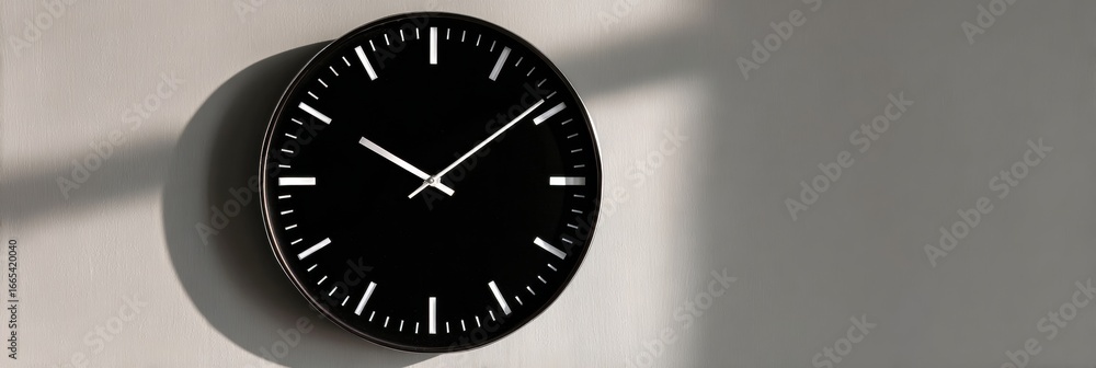 Poster modern black wall clock displaying precise time with minimalistic design and stark contrast against 