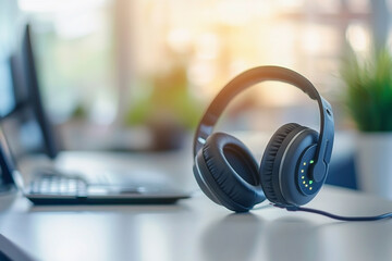 Modern Black Headphones Resting on a Desk Beside a Laptop in Warm Sunlight.