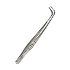 A single, sterile, polished metallic surgical forceps with fine serrated tips and a smoothly articulated hinge on a transparent, seamless studio background, isolated. Concept of medical precision