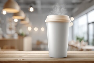 A steaming cup of coffee sits on a wooden table in a cozy cafe environment, ready to provide a warm and invigorating start to the day.