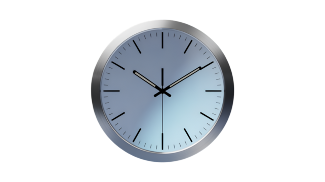 Silver clock with a metallic finish isolated on transparent background, showing time - Powered by Adobe