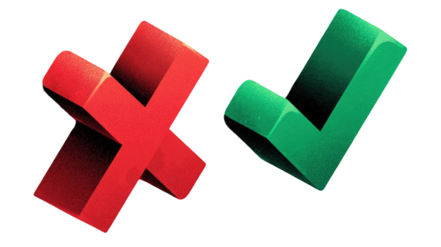 Stylized 3D red X and green checkmark symbols with a grainy stippled texture.