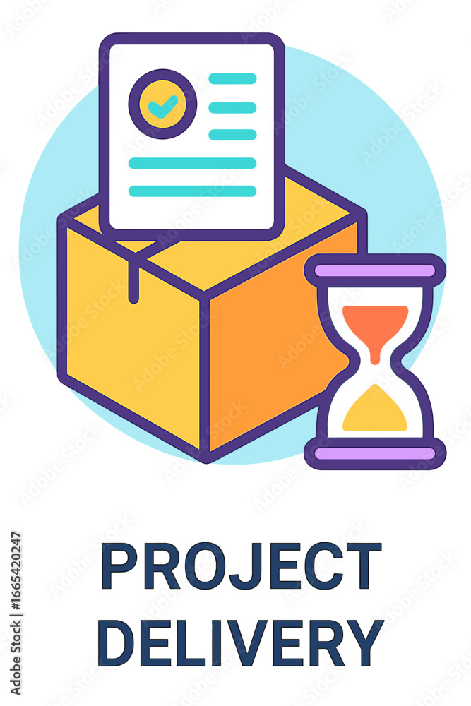 Poster project delivery icon with box and hourglass in flat design project delivery layout