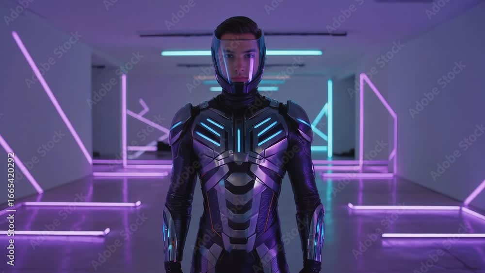 Poster confident astronaut wearing futuristic spacesuit and helmet standing in neon illuminated corridor of