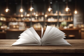 Obraz premium An open book with blank pages sits on a wooden table in a dimly lit cafe, creating a warm and inviting atmosphere, perfect for reading and relaxing with a drink.