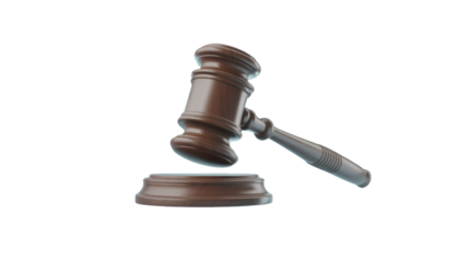 Wooden gavel and sound block isolated on transparent background, symbol of legal system