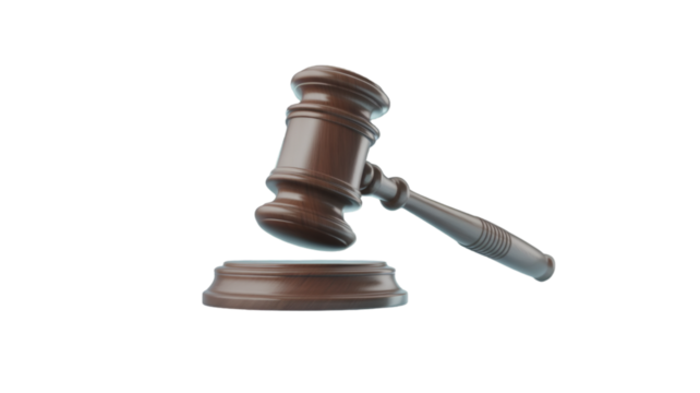 Wooden gavel and sound block isolated on transparent background, symbol of legal system