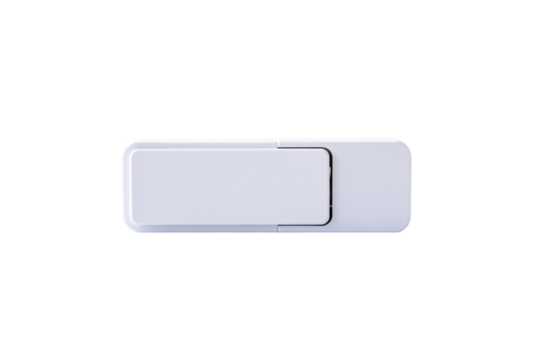 Small white webcam privacy cover slider for laptop and computer camera protection isolated on transparent background