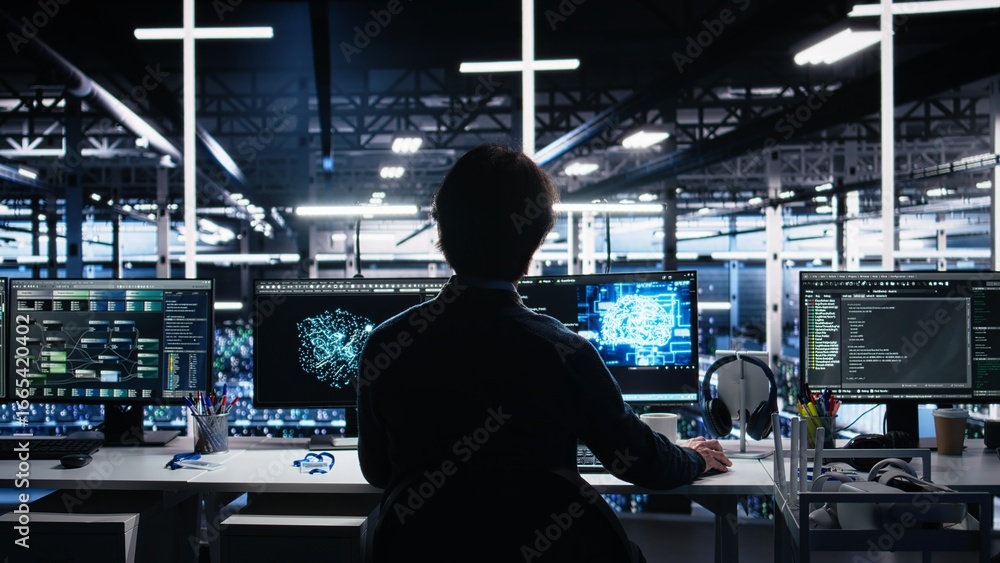 Poster data center engineer using computer to monitor neural network ai llm visualization. it professional 