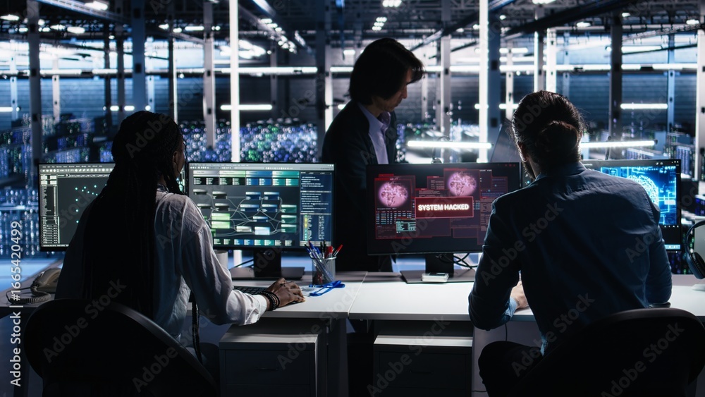 Poster server farm programmers seeing hacking warning, working to secure systems from cyberattack accessing