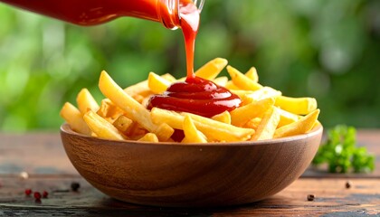 Ketchup pouring on french fries.