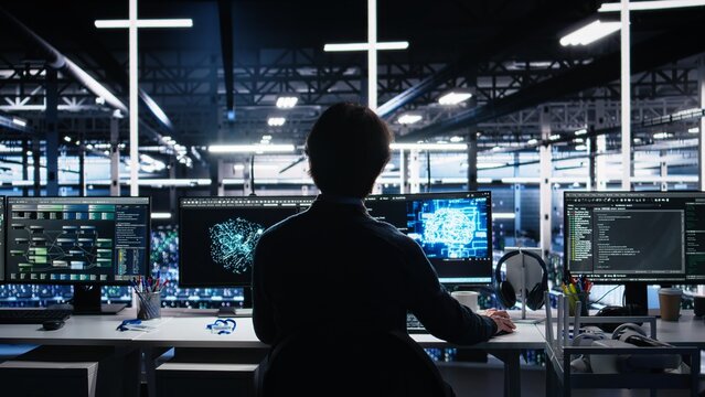 Data center engineer using computer to monitor neural network AI LLM visualization. IT professional using PC to oversee servers powering machine learning processes, camera A