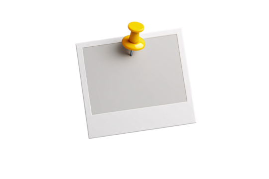 Yellow pushpin securing a blank white polaroid photo frame isolated on transparent background