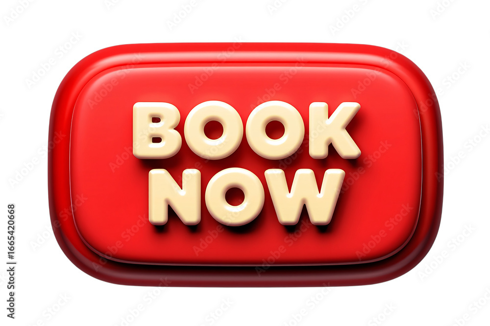 Aufkleber glossy red book now button with 3d cream colored text isolated on transparent background