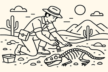 Paleontologist carefully excavating dinosaur fossil in desert landscape