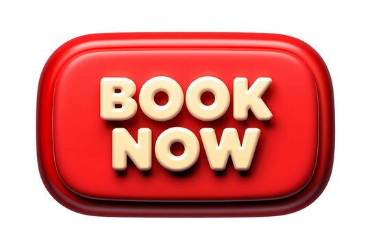 Glossy red book now button with 3d cream colored text isolated on transparent background