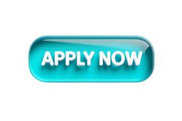 Glossy blue button with white text that says apply now isolated on transparent background