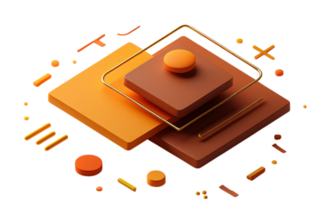 Abstract geometric composition of stacked cubes and spheres with golden frame isolated on transparent background