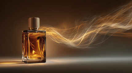 Naklejka premium A glass perfume bottle with a metallic cap. The liquid inside is amber-colored, surrounded by swirling golden smoke against a dark background.