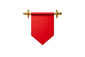 Ornate golden holders suspending a vibrant red fabric banner isolated on transparent background