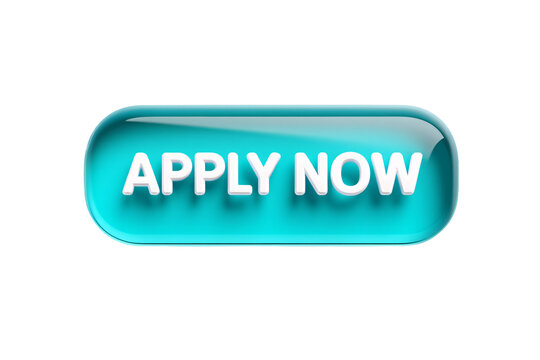 Glossy blue button with white text that says apply now isolated on transparent background