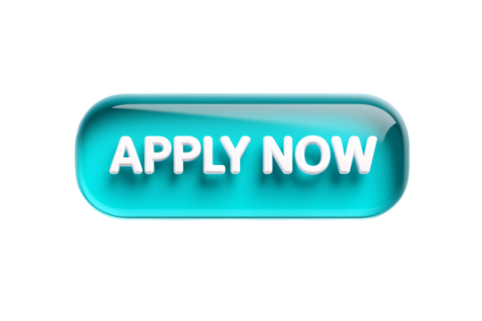 Glossy blue button with white text that says apply now isolated on transparent background