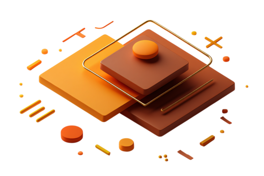 Abstract geometric composition of stacked cubes and spheres with golden frame isolated on transparent background