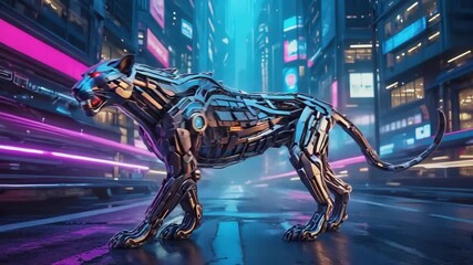 Robotic panther with glowing red eyes is prowling through a futuristic city street at night, illuminated by vibrant neon signs and blurred car lights, creating a striking cyberpunk atmosphere - Powered by Adobe