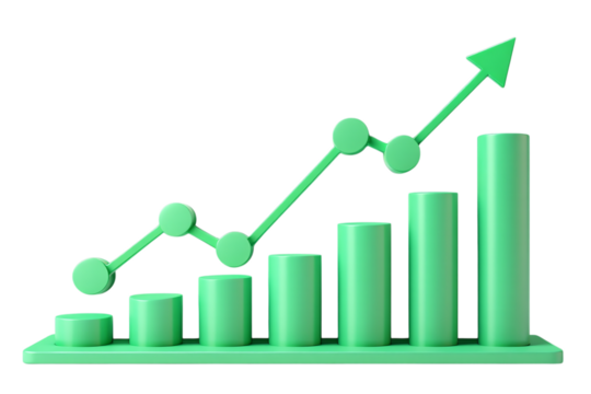 Green 3d bar chart with upward trend line showing financial growth and success isolated on transparent background