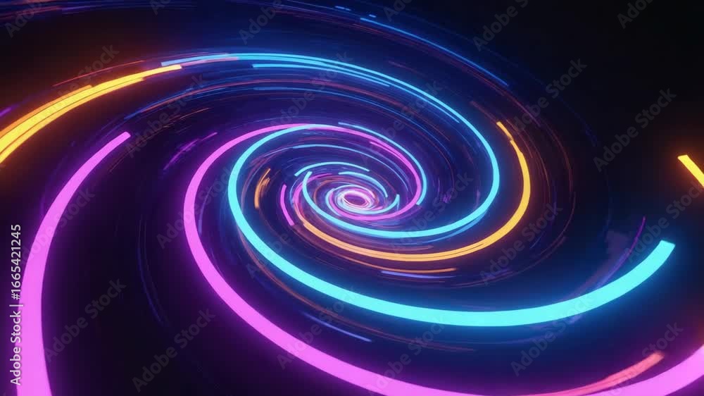 Poster colorful neon lights swirling and converging into a central vortex, creating a mesmerizing visual ef