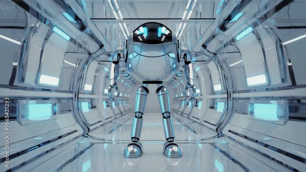 Poster chrome robot is walking through a futuristic spaceship corridor with blue lights, exploring a new wo