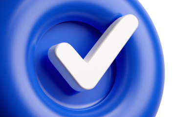 White check mark symbol on a blue circular background isolated on transparent background