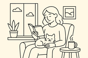 Woman reading a book with a cat on her lap indoors