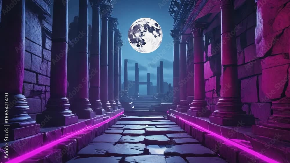Poster majestic ancient ruins with towering columns and vibrant neon lights create a captivating scene unde