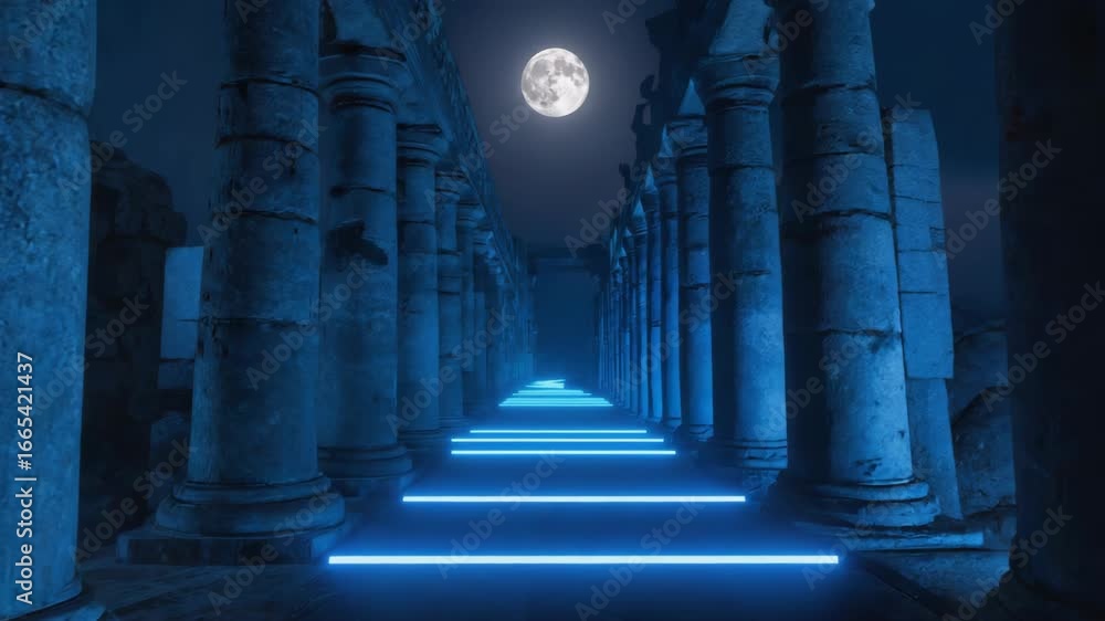 Poster weathered roman columns framing a neon-lit path under the ethereal glow of a full moon create a capt