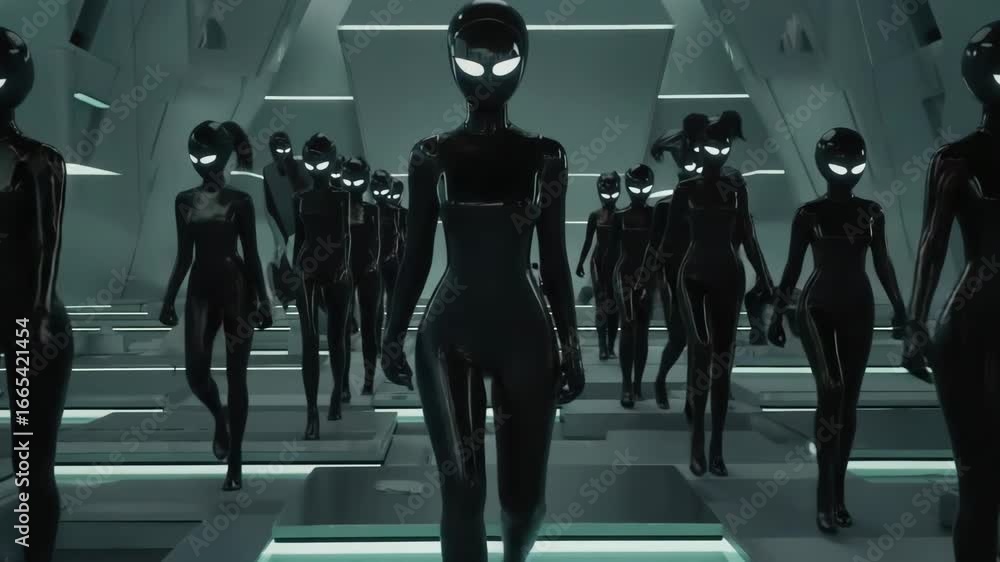 Poster many futuristic female robots with glowing eyes are walking inside a modern interior corridor, creat