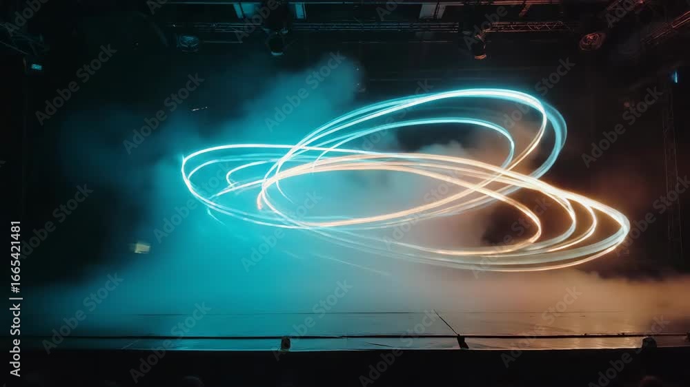 Poster light painting creating orange and teal concentric circles illuminating a hazy atmosphere on a dark 