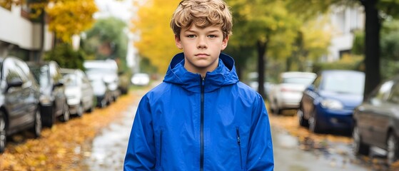 Pensive Boy in Blue Jacket Autumn Street Scene