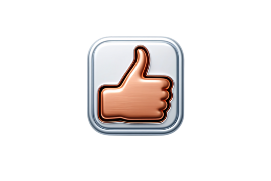 Close up of a stylized thumbs up icon with a glossy finish isolated on transparent background - Powered by Adobe
