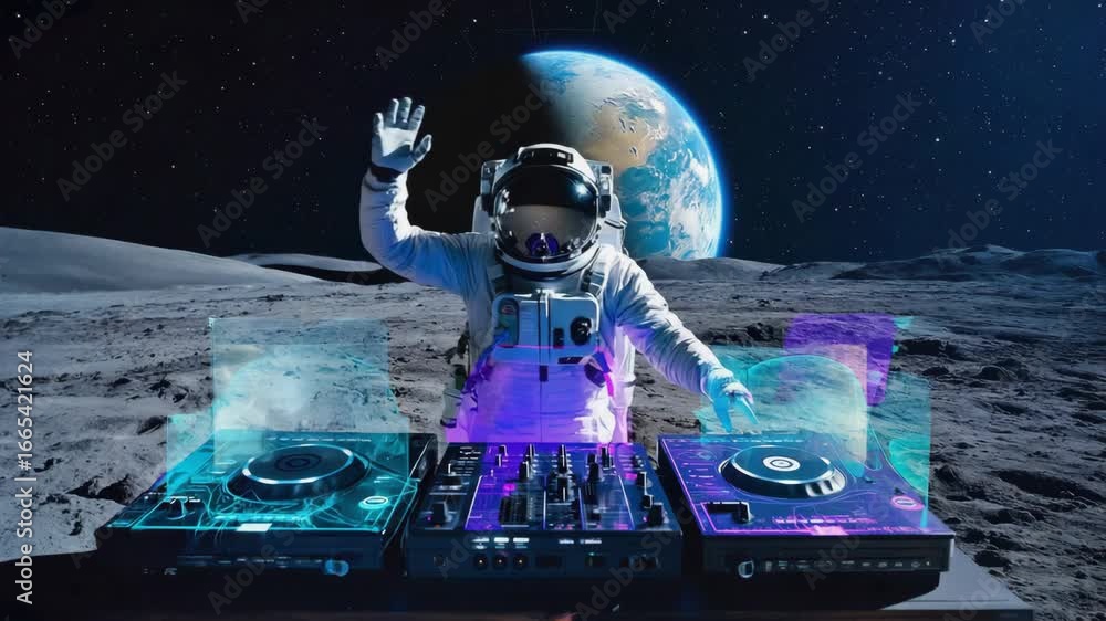 Poster astronaut is using a futuristic dj set, playing music on the surface of the moon, with planet earth 