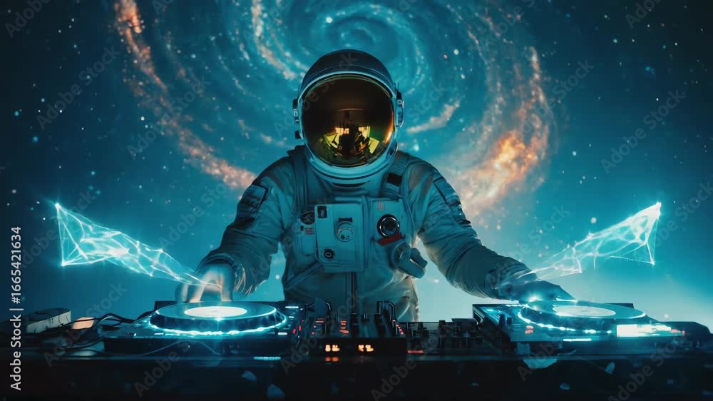 Poster astronaut in a sleek spacesuit skillfully mixing tracks on a futuristic dj set, surrounded by a stun